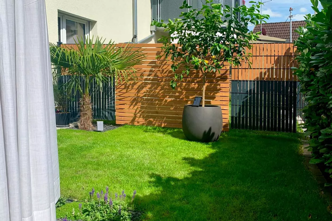 Kleiner Garten mit einem kleinen Zaun mit kurzen Sichtschutzstreifen in dunkelgrau und Laerchefarbe.